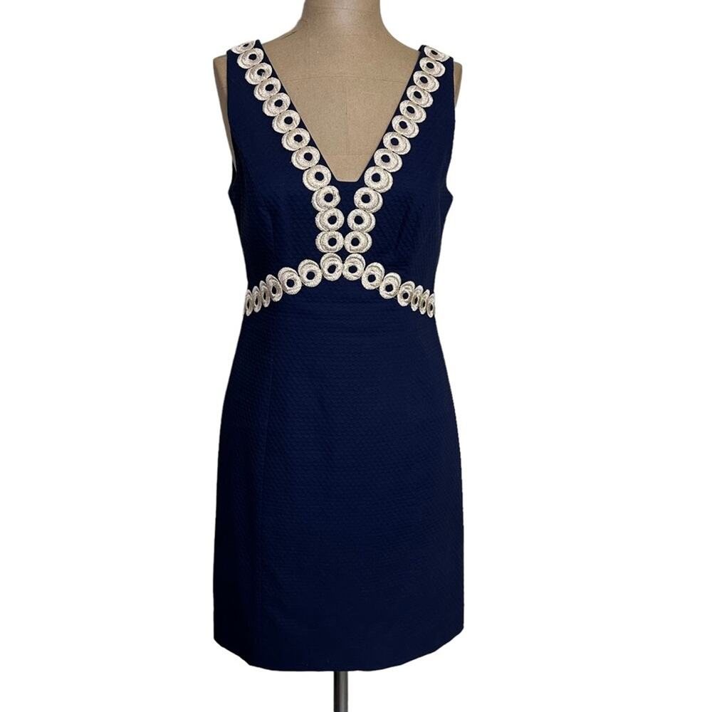 Lilly Pulitzer Mini Dress Gold Embroidered Trim Navy Blue Textured Cotton 0 - Picture 2 of 10